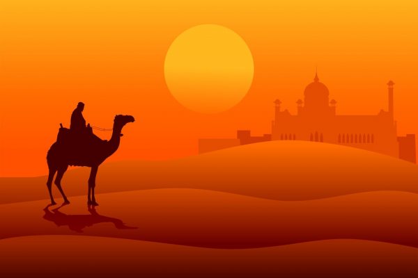 14797255 - silhouette illustration of an arabian riding a camel on the desert with middle east architecture in the distance
